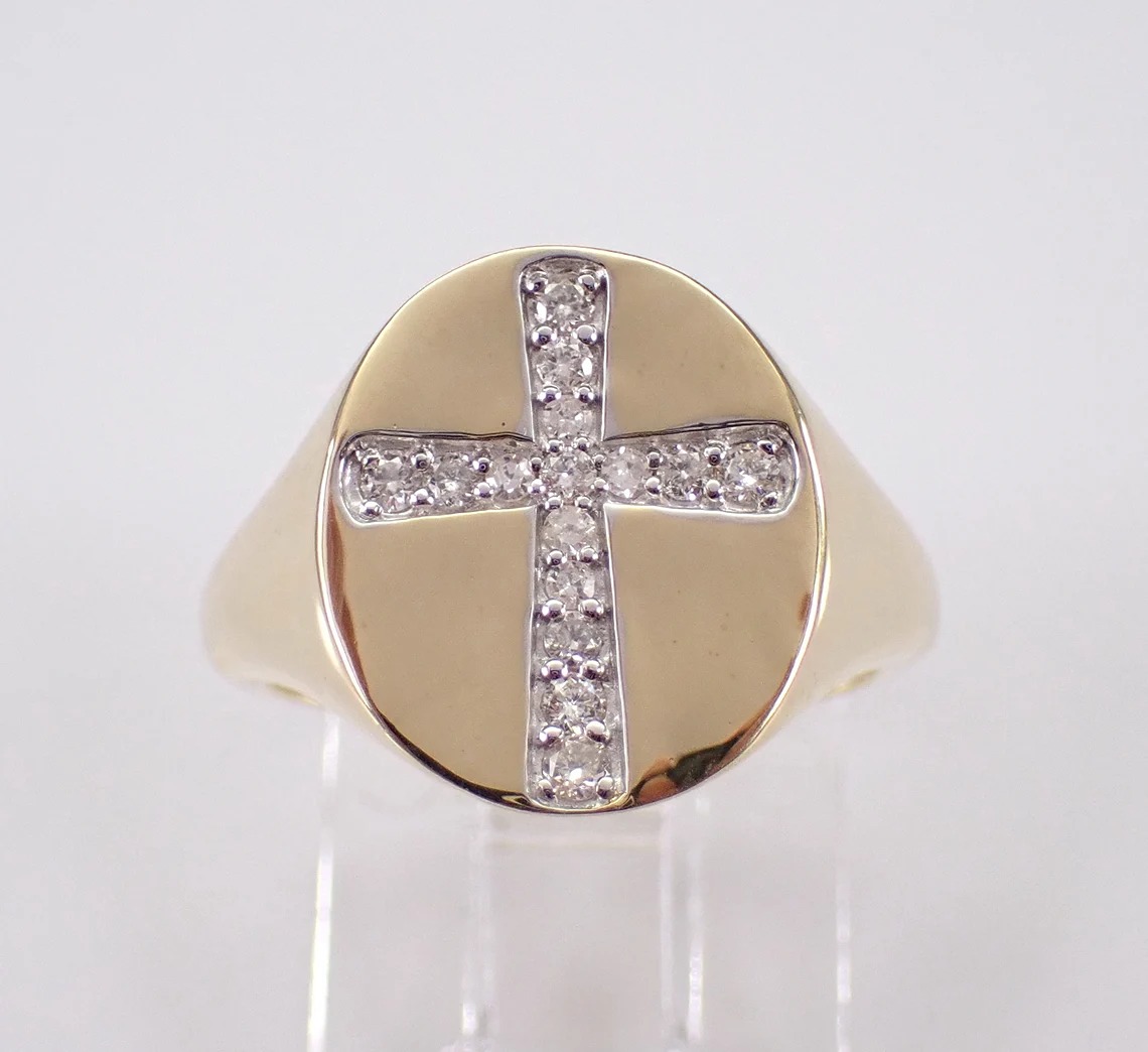 14K Yellow Gold Diamond Cross Ring - Unique Oval SIGNET Style Band