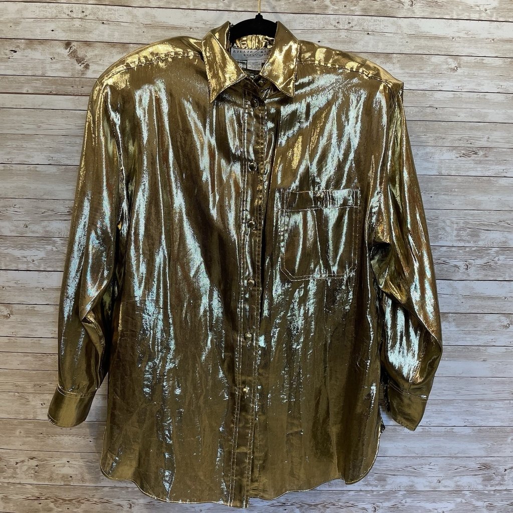 Vintage Lillie Rubin Womens 10 Shirt Metallic Gold Disco Long Sleeve Button Up