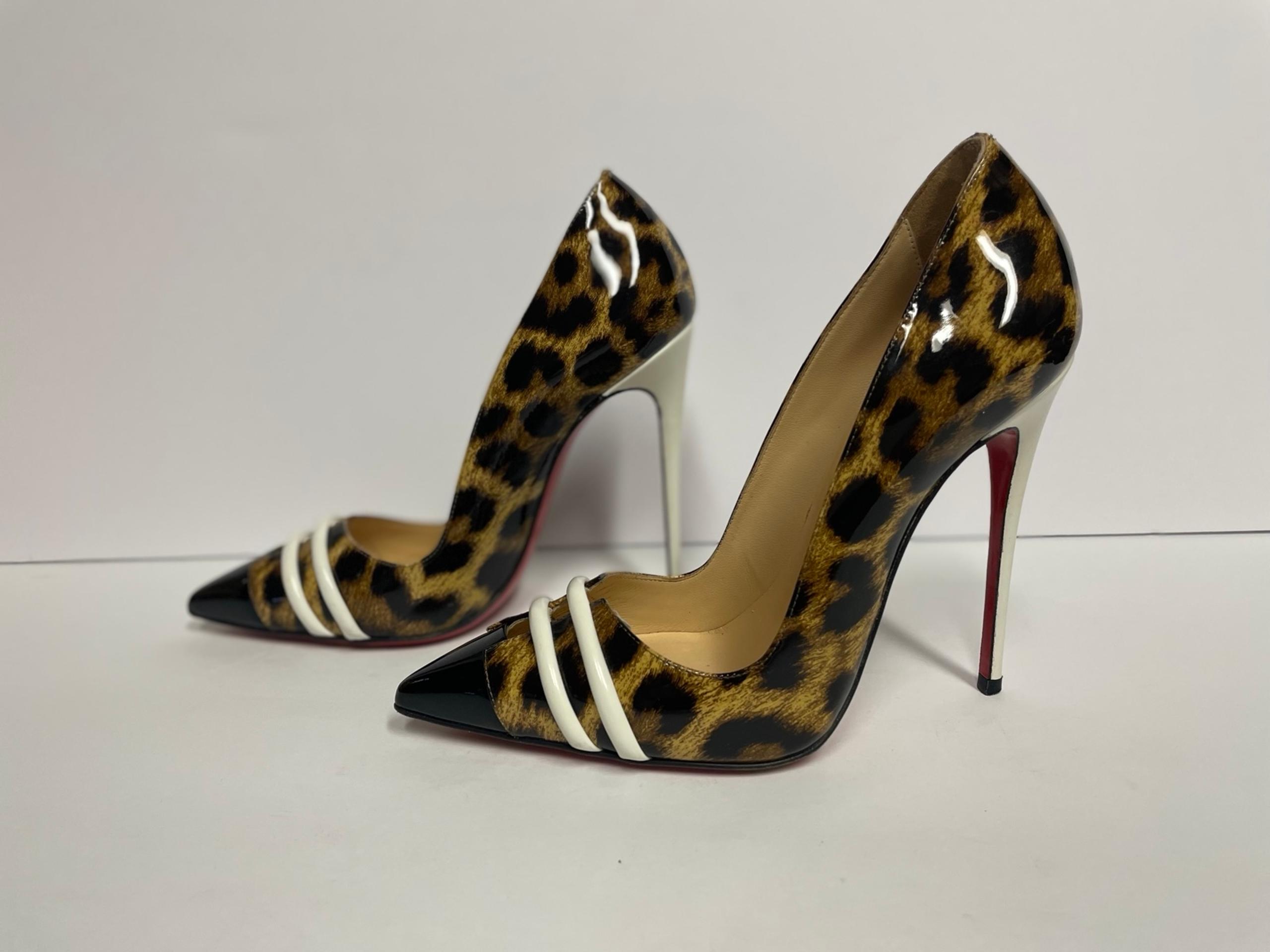 Christian Louboutin patent leather pumps heels cream leopard 34