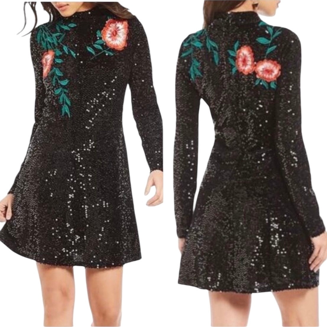 Gianni Bini Tallulah Black Sequin Embroidered Floral Dress 8