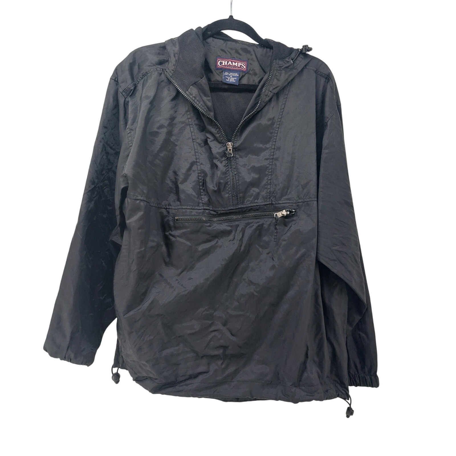Champs Windbreaker Athletic Black Pockets Drawstring Size M