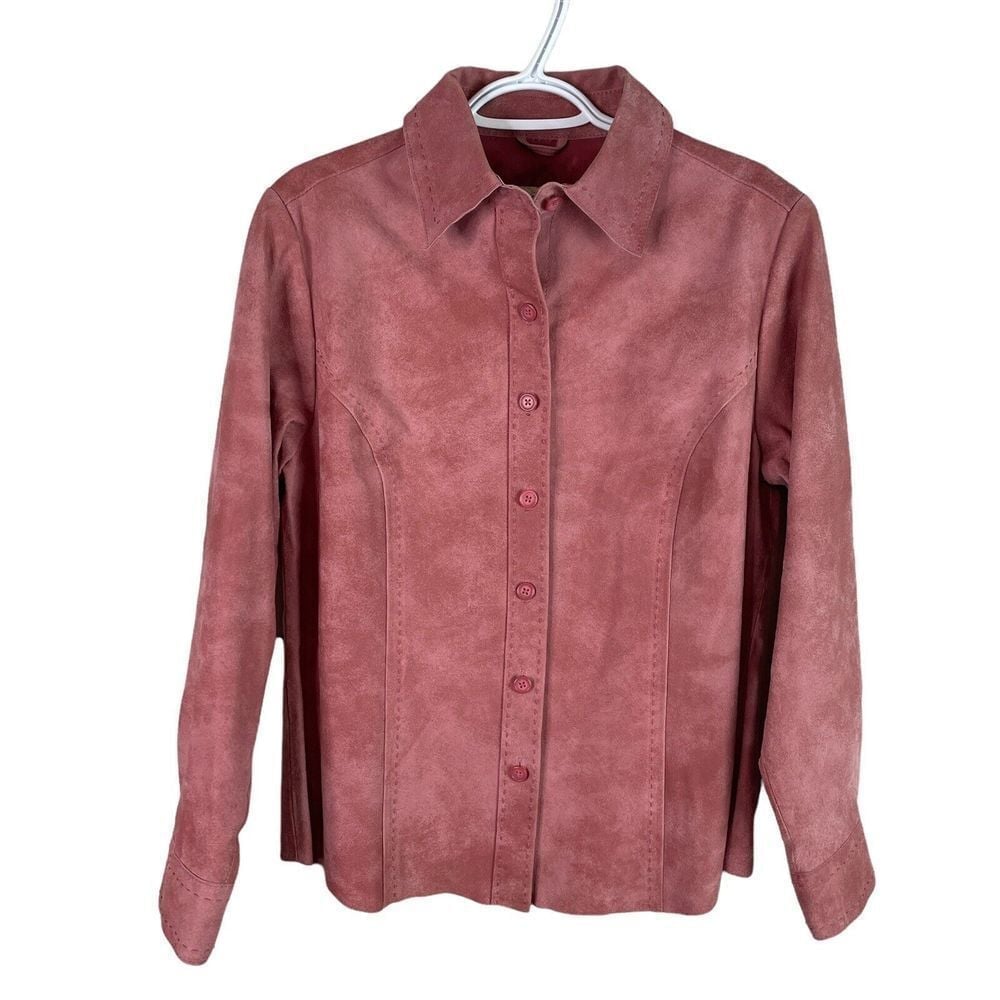 Cabelas Button Up Leather Jacket Womens M Pink Long Sleeve Lined Outdoor