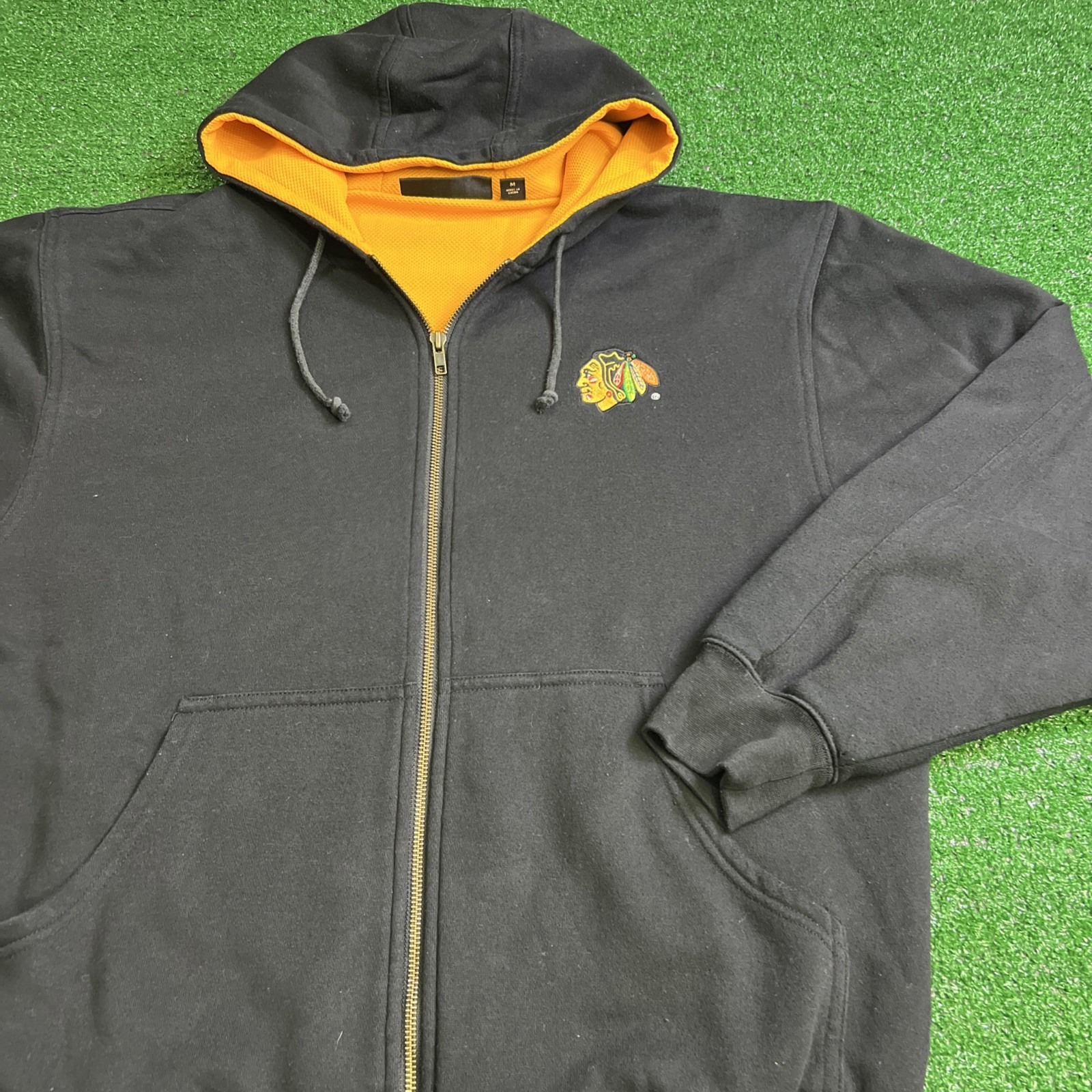 Vtg Chicago Blackhawks Black Hooded Full Zip Sweater Mens Sz Medium Dunbrooke