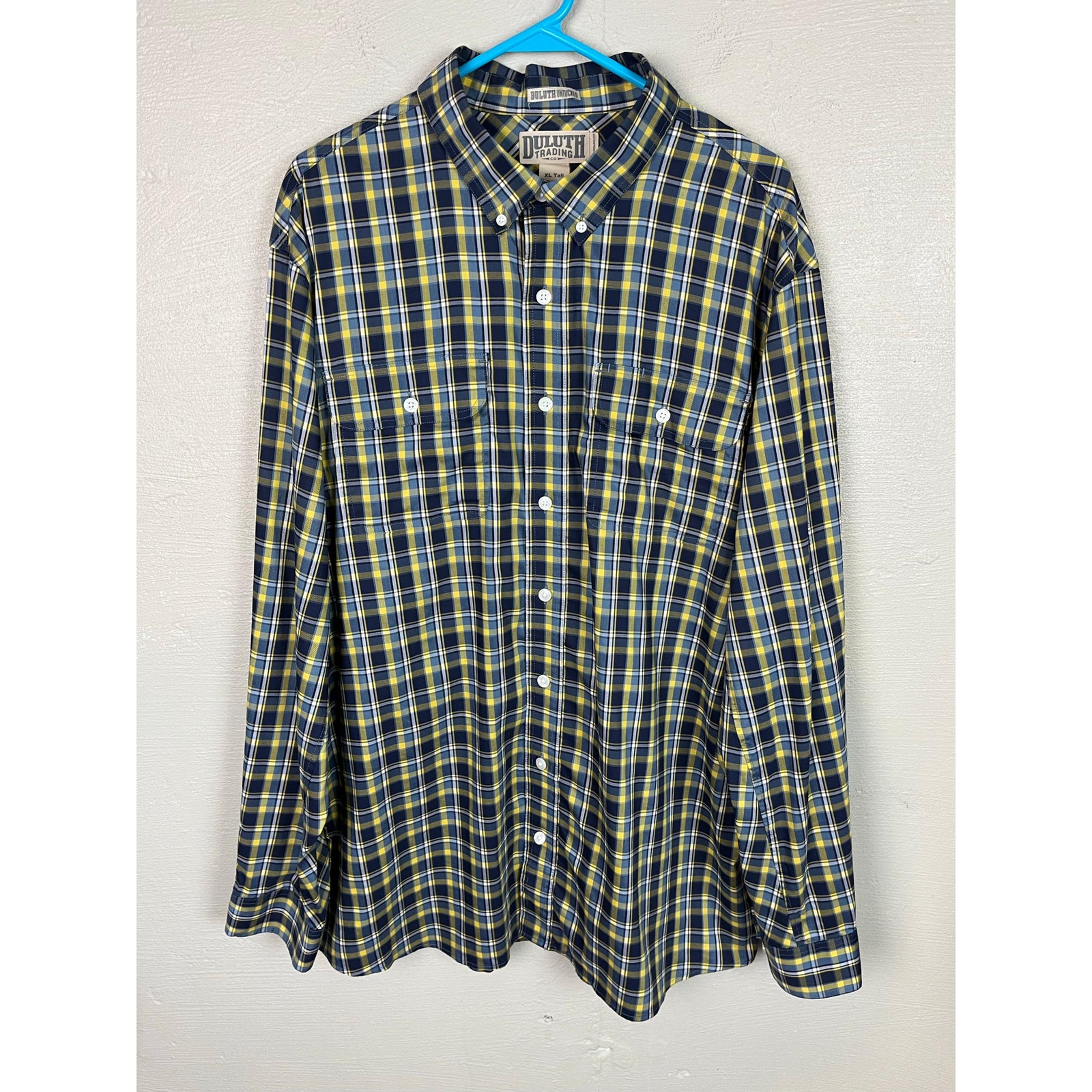 Duluth Trading Co. XL Tall Untuck Plaid Shirt Blue Yellow Button Down Men’s