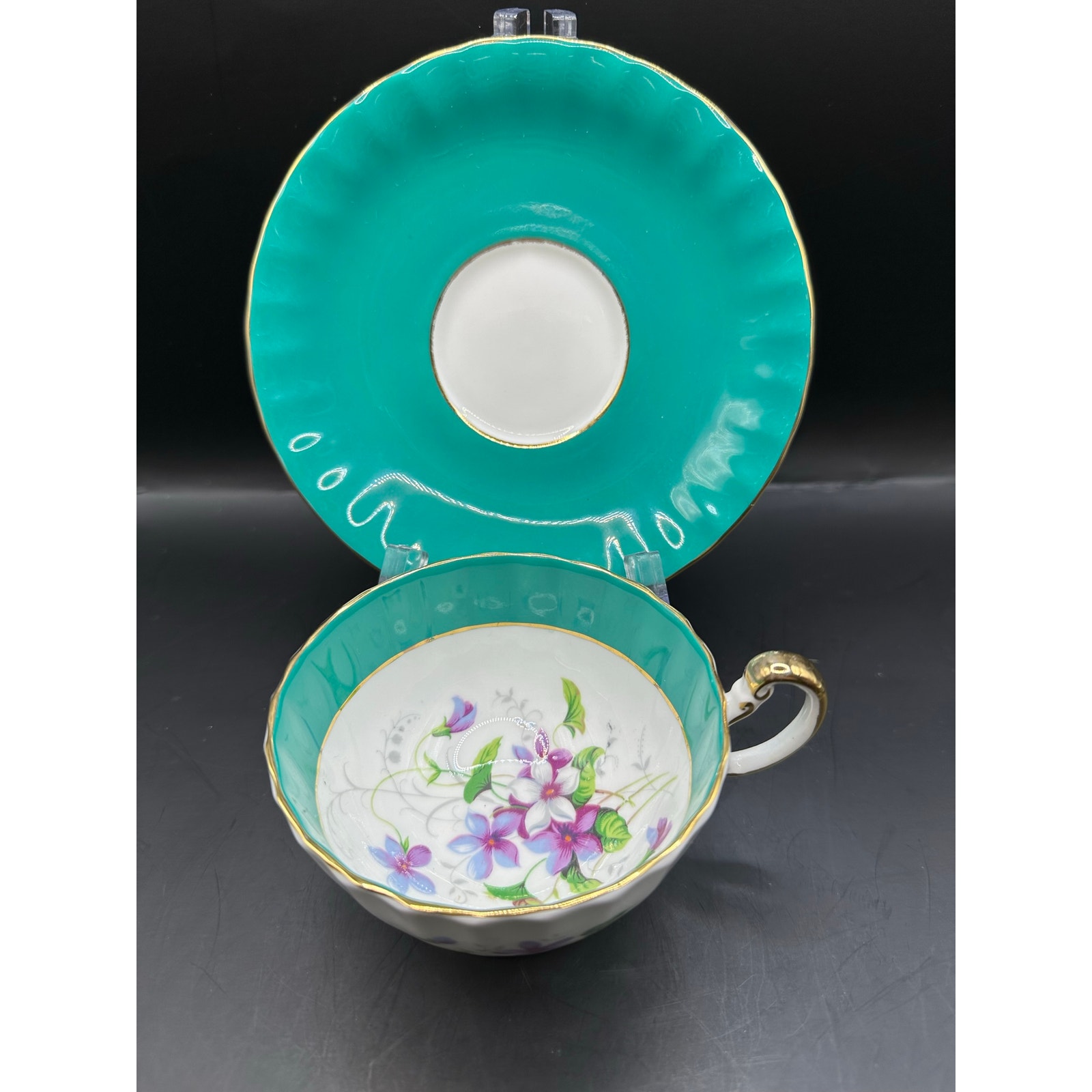 Aynsley Violet Teacup & Saucer Turquoise Green Band Floral Center Gold Trim Vtg