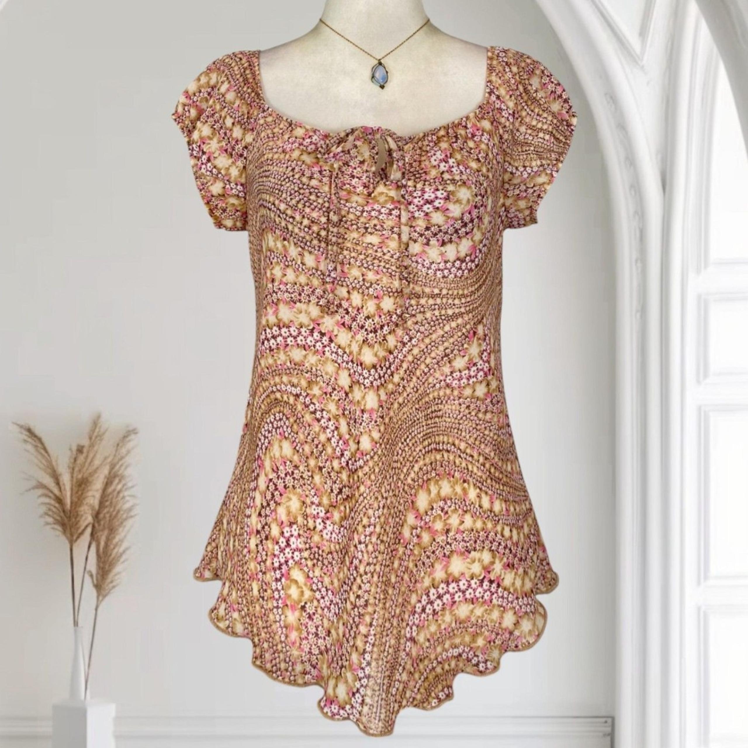Early 2000s Orange Pink Floral Flower Babydoll Milkmaid Cottagecore Blouse Top L