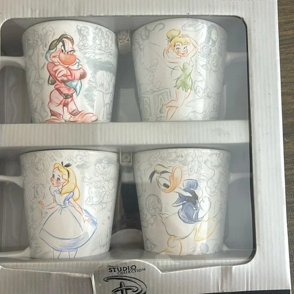 NEW NIB Disney 4 Mugs Tinkerbell Donald Grumpy Alice