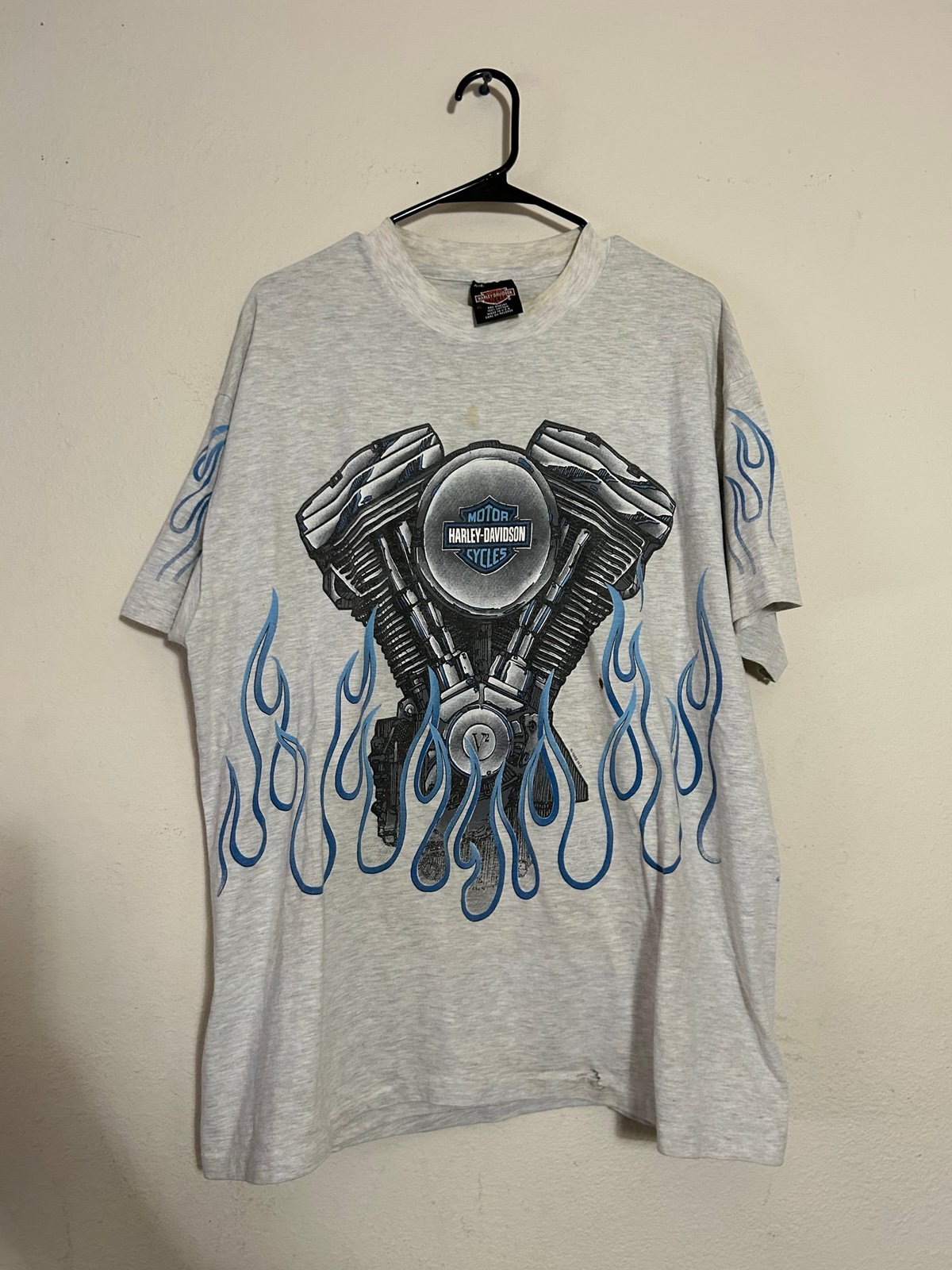 VTG Y2K 90s HARLEY DAVIDSON AOP MOTORCYCLE FLAMES LIGHT GREY T SHIRT SIZE XL