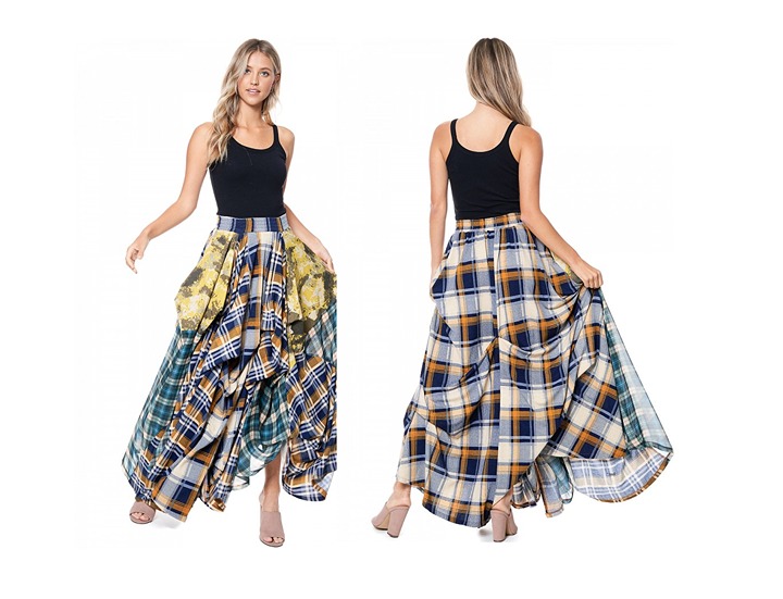 NEW TOV HOLY The Damsel's Yellow & Blue Plaid Flowing Maxi Skirt L MSRP 232