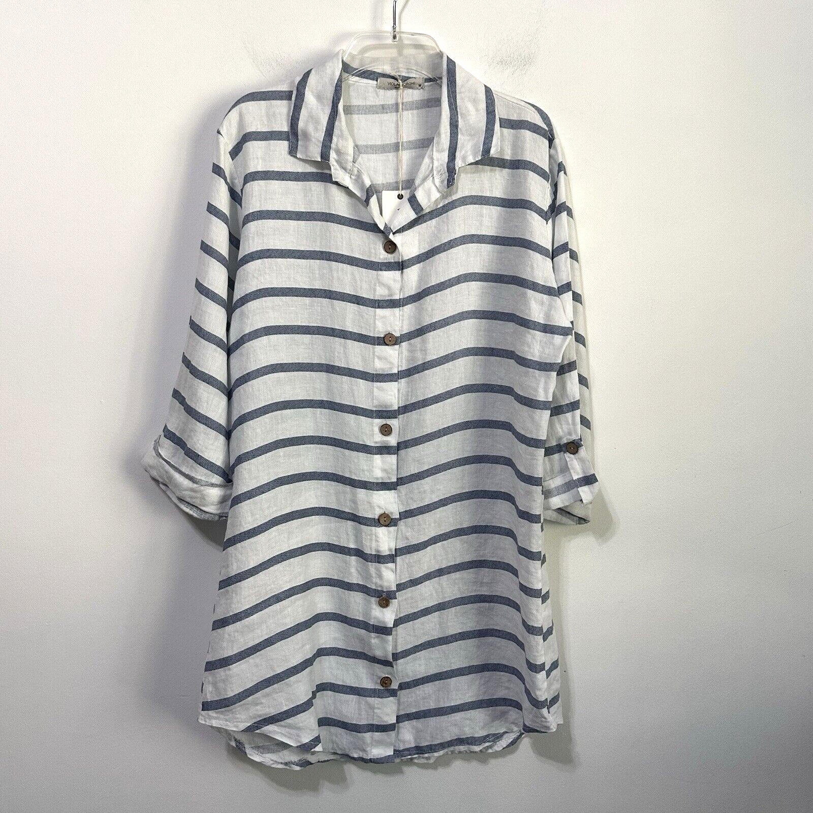Viola Borghi Shirt Dress Swim Cover M Linen Blue Stripe Collared Shift Beach NEW