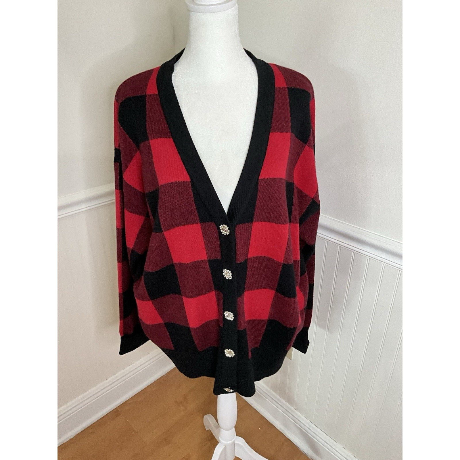 Tommy Bahama Buffalo Plaid Jewel Button Cardigan Sweater Red Black Women Size XL