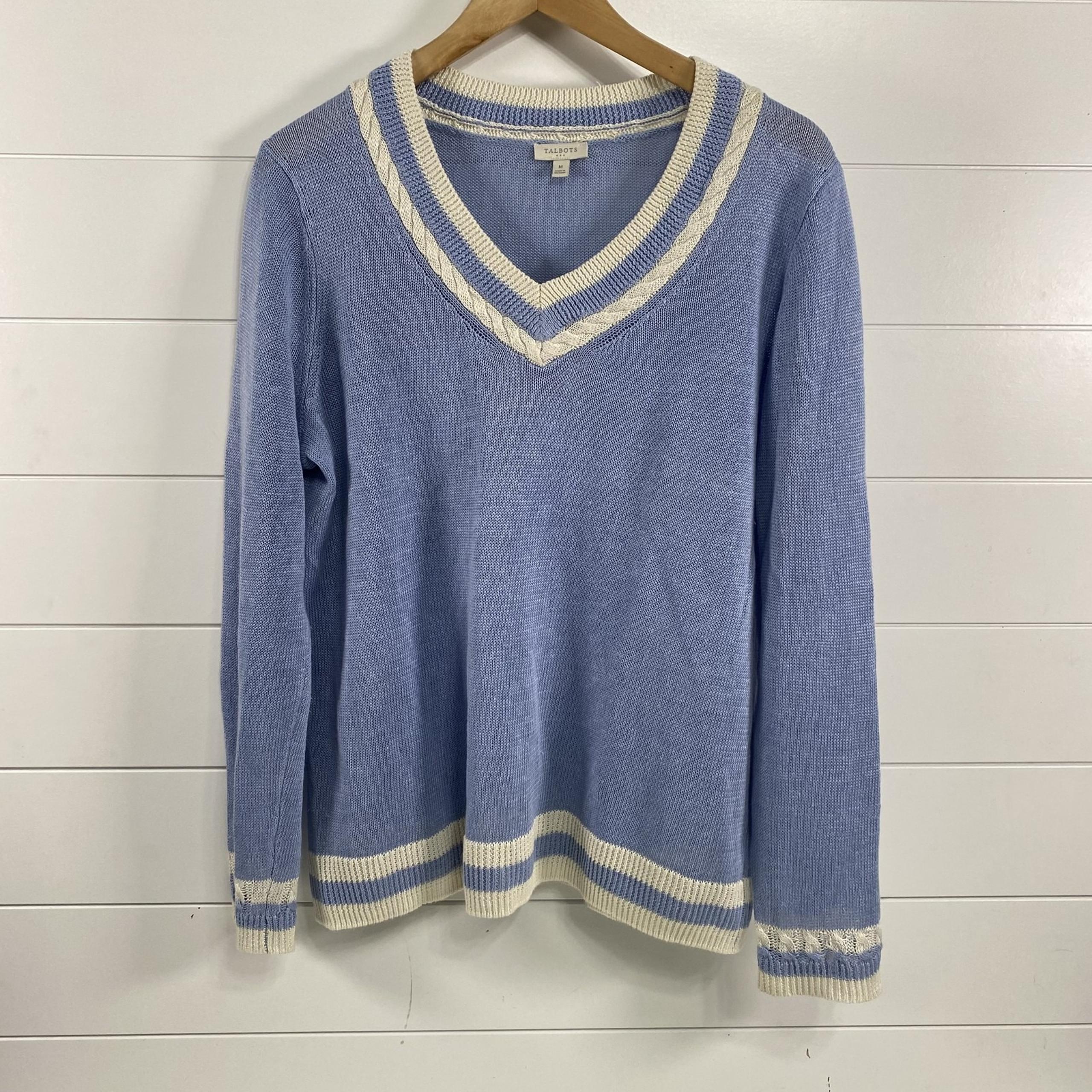 Talbots Sweater Womens Medium Blue White V Neck Linen Pullover Cable Knit Trim