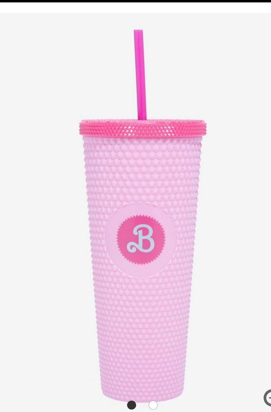HTF Barbie Movie Hot Topic Pink Pyramid Travel Tumbler Cup