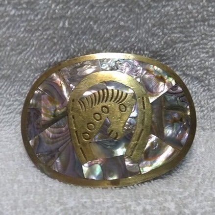Gold Horse Horseshoe Embedded Abalone Western Cowboy Belt Buckle Great Vintage !