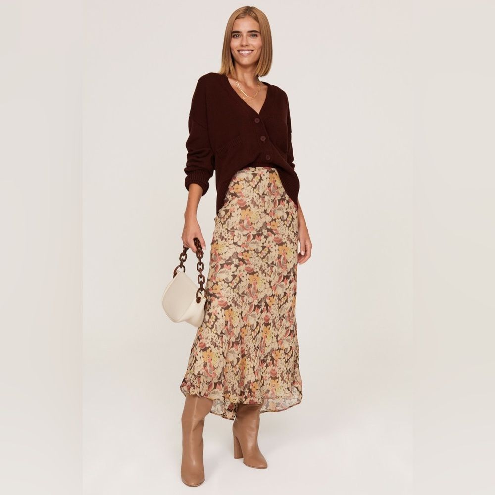 325 Polo Ralph Lauren RTR Brown Floral Midi Skirt Ruffle fall silk chiffon red