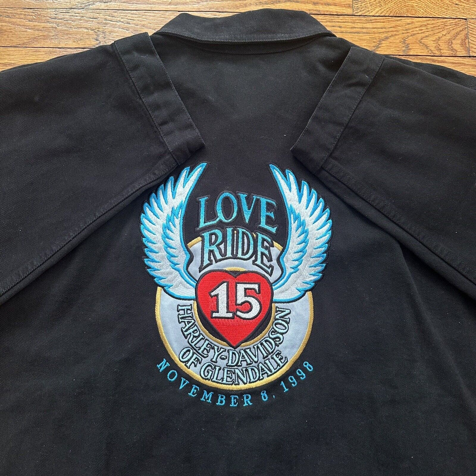 Vintage 1998 Harley Davidson Glendale Love Ride Black Denim Trucker Jacket XXL