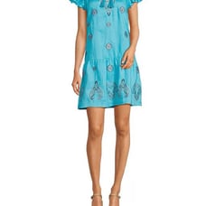 Tyler Boe Womens Linen Aimee Embroidered Ruffled V-Neck Tied Dress Blue Size L