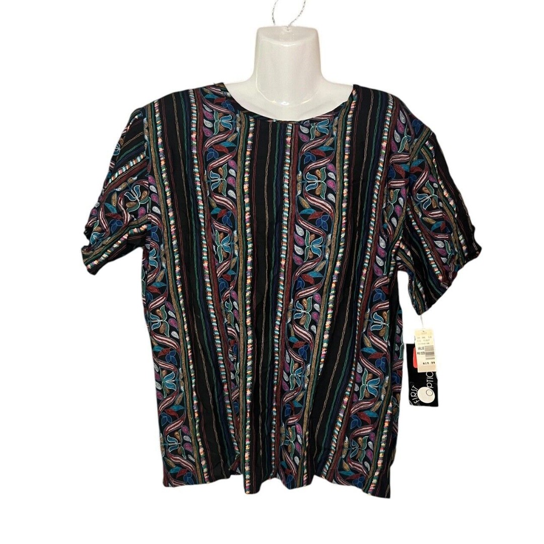 Vintage First Option 1980s Vertical Floral Print New Wave Pullover Blouse Large