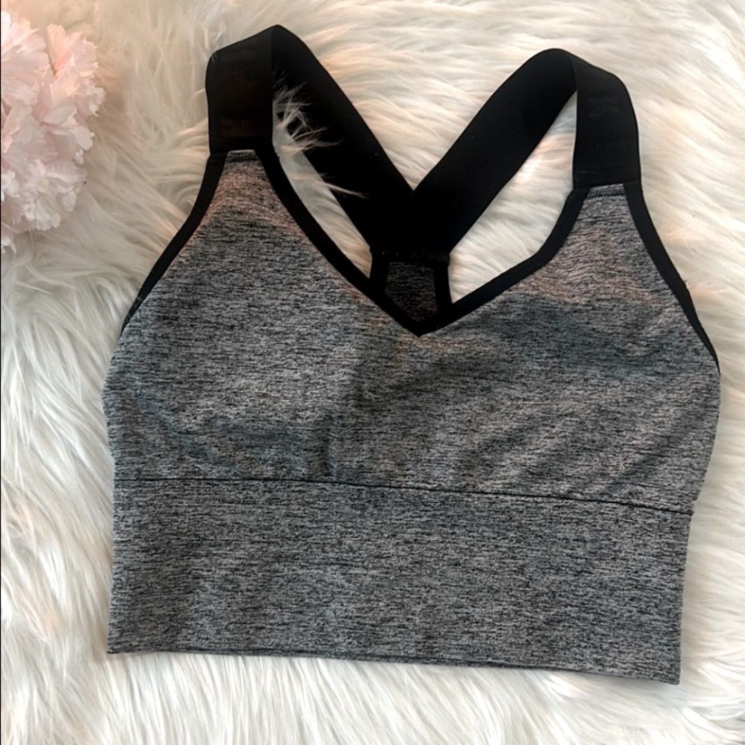 Pink Victoria’s Secret Gray Racer Back Sports Bra with Black Glitter Trim Medium