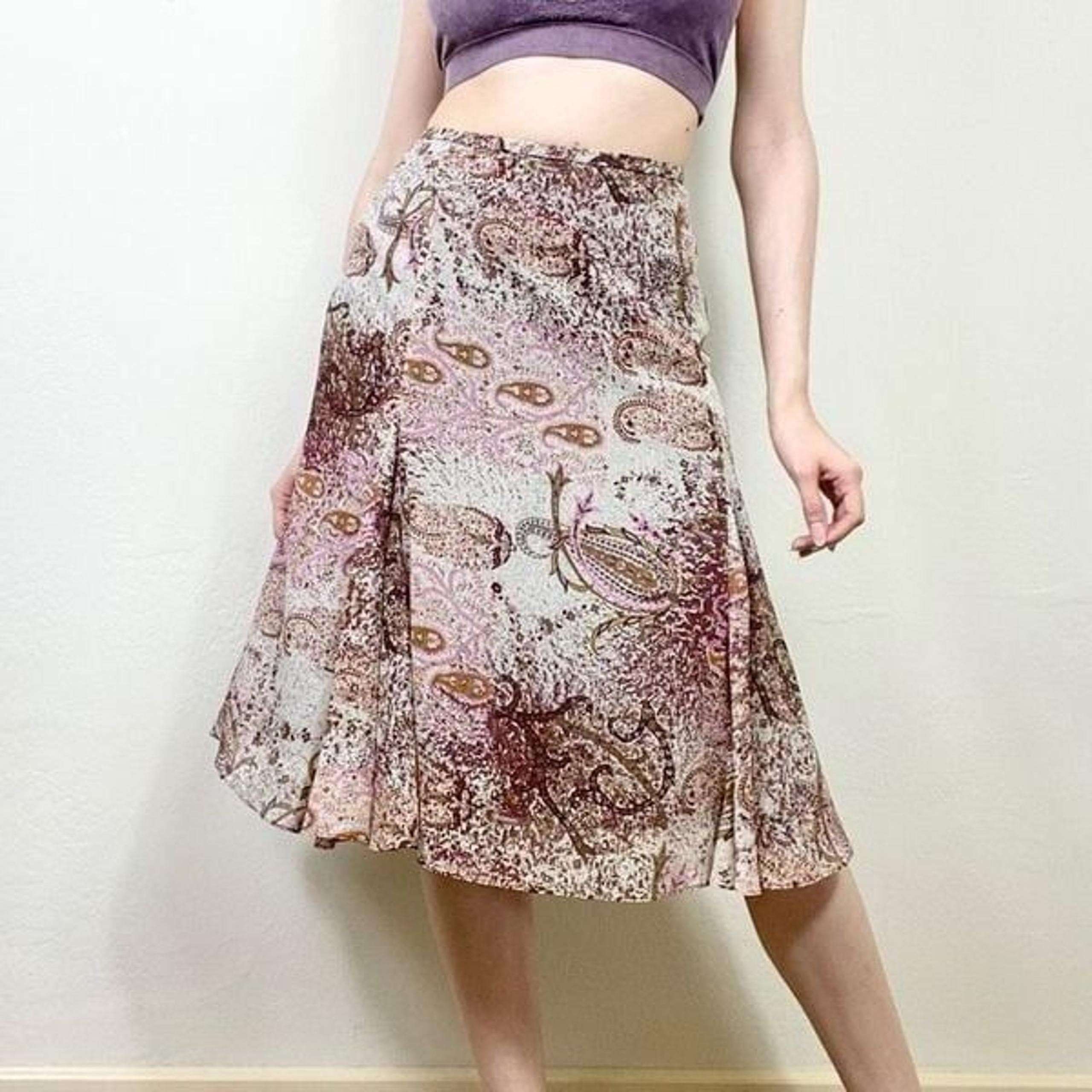 (L Petite) Coldwater Creek Y2k Style Brown & Pink Paisley Splattered ALine Skirt