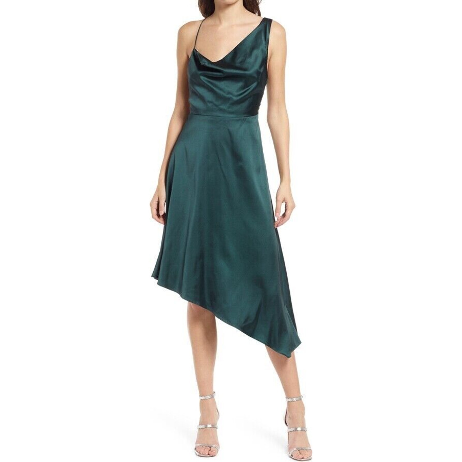 Lulus NWOT Women's Green Sereno Cowl Neck Satin Midi Dress Size XS