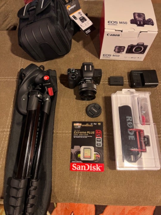 EOS M50 Bundle { Includes Camera, memory card, tripod, camera bag}