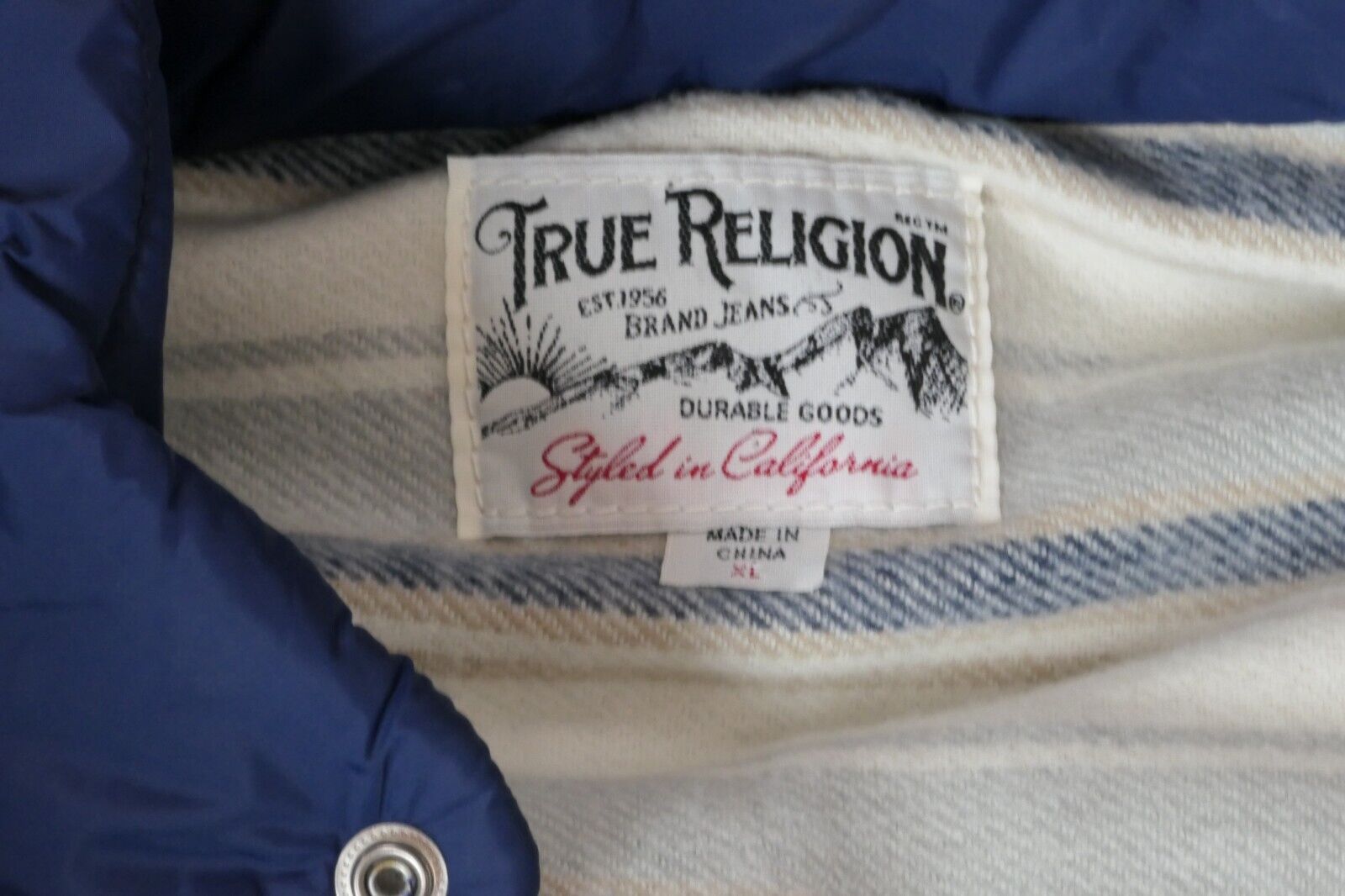 True Religion Puffer Vest Jacket Logo Navy Blue Grey Men’s Size XL