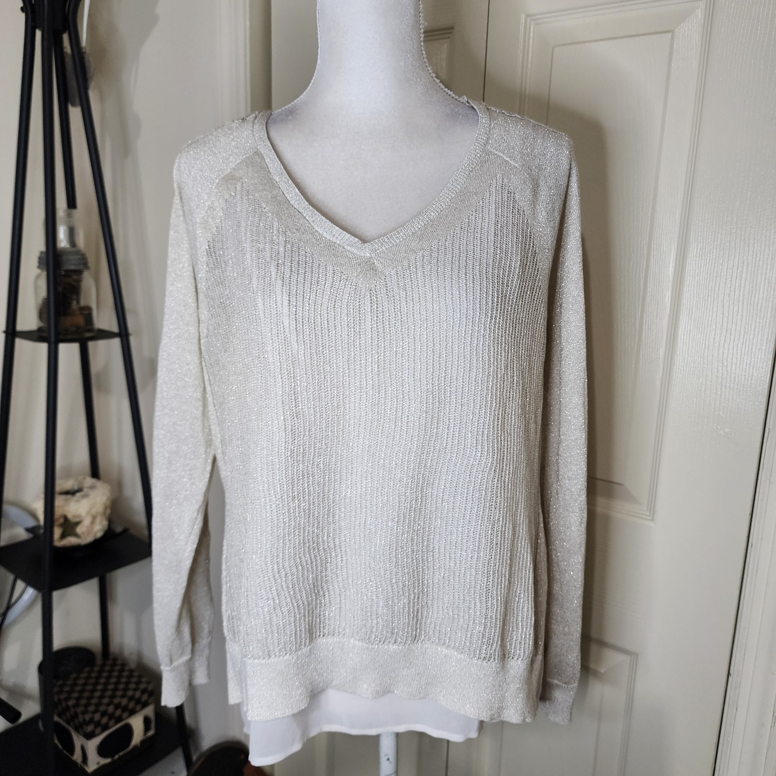 NWT Lucky Brand Metallic Mixed Media Linen Blend Sweater Sz L