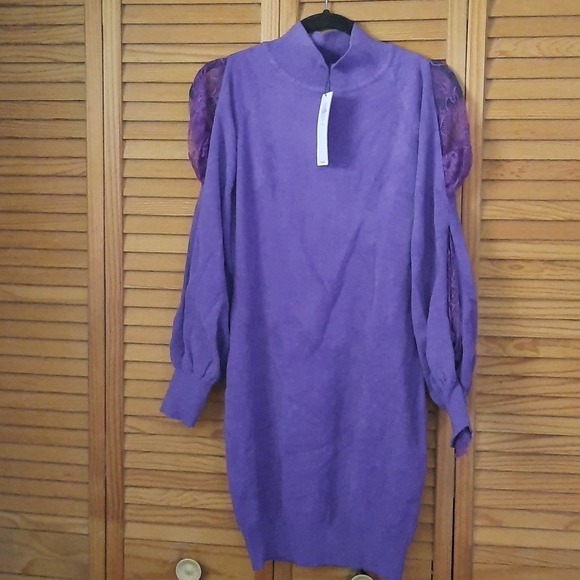 Exlura NWT Purple Turtleneck Cut Out Lace Puff Sleeve Bodycon Sweater Dress L