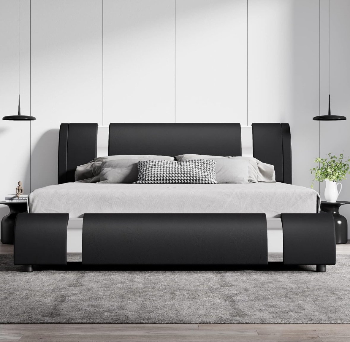 SHA CERLIN King Size Bed Frame with Iron Pieces Decor and Adjustable Headboard/D