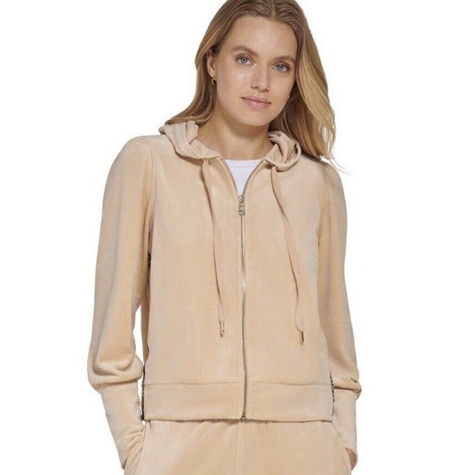 89 DKNY Women's Beige Logo Stripe Velour Full Zip Hoodie Sweater Size Large