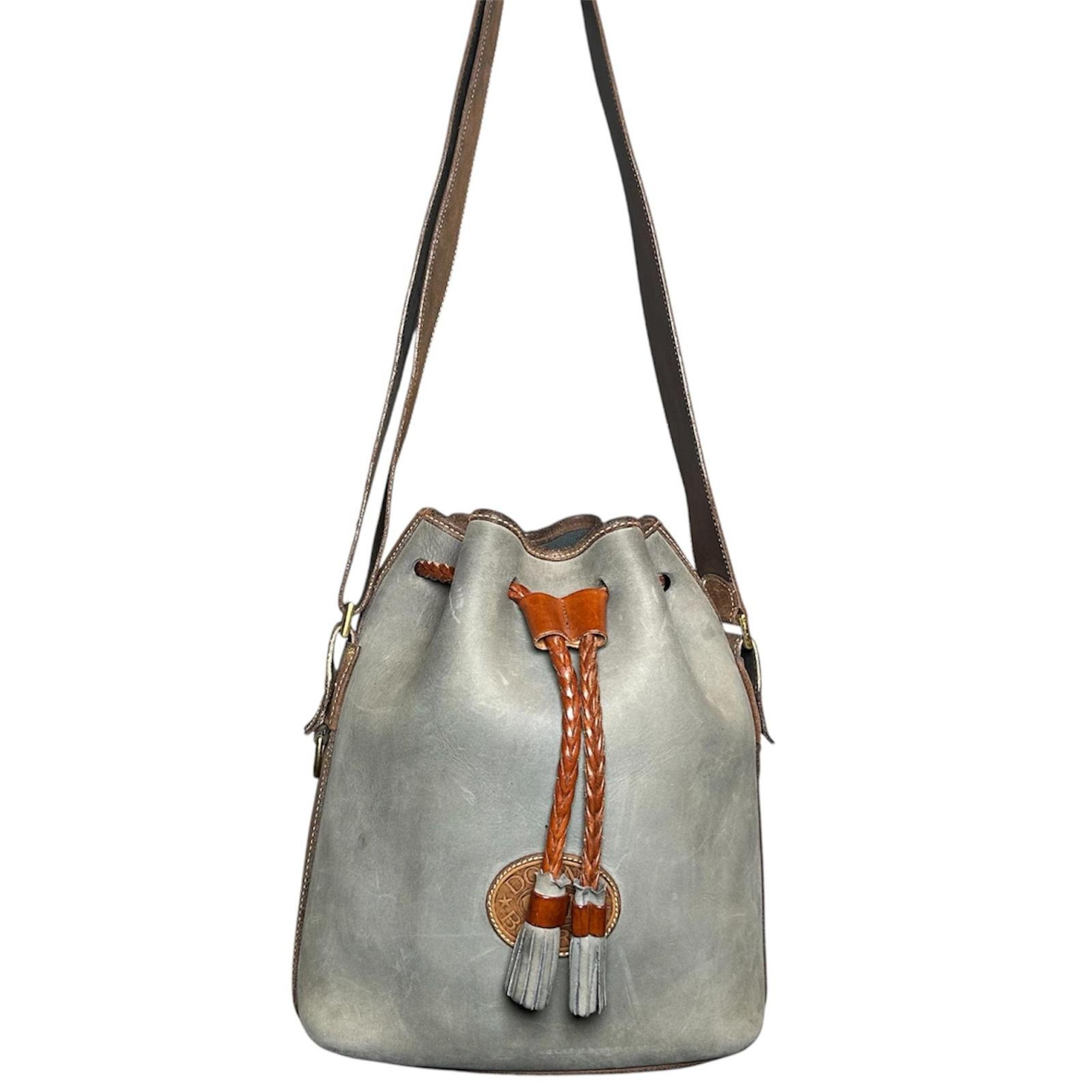 RARE Vintage USA Dooney & Bourke Grey Green Drawstring Bucket Bag