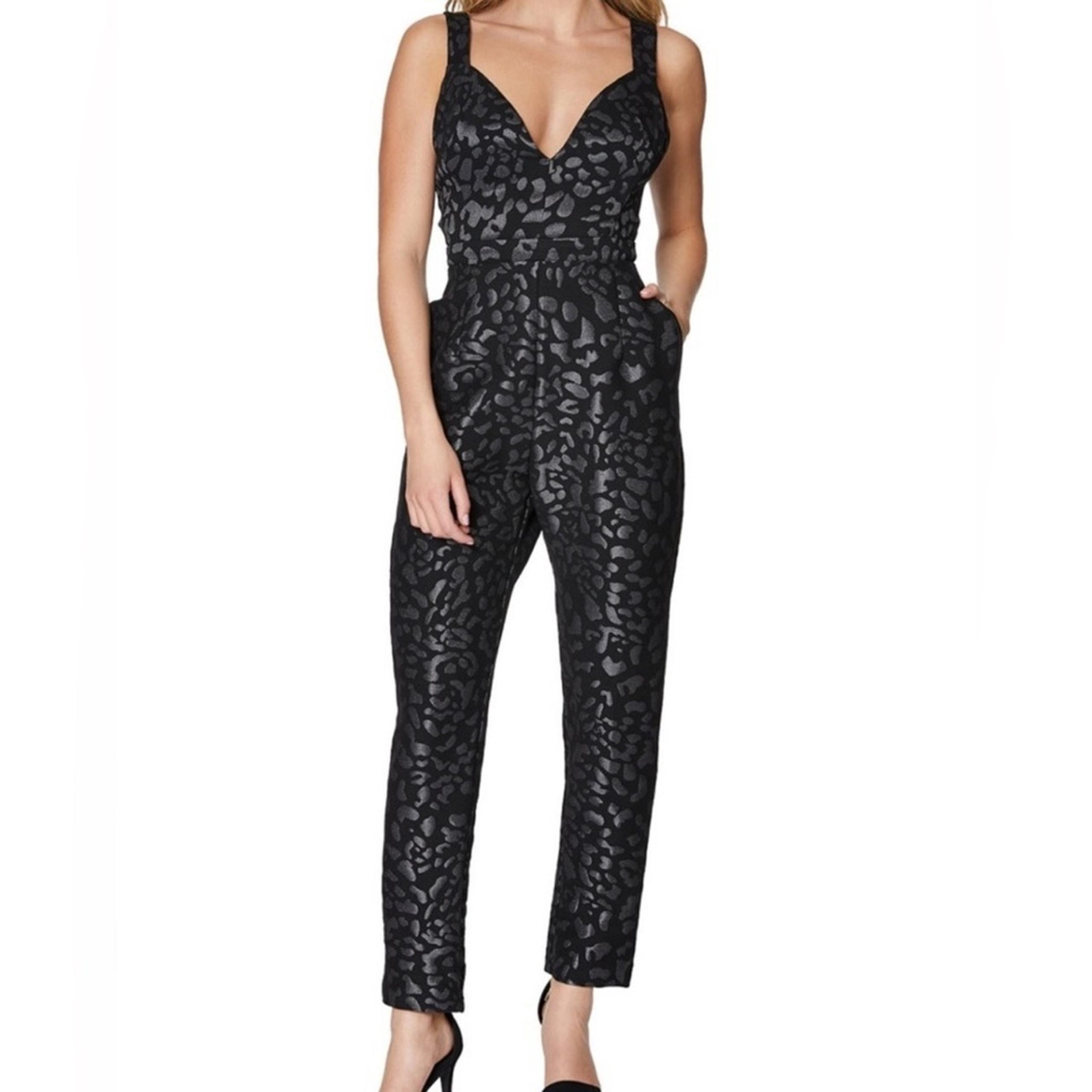 Laundry by Shelli Segal jumpsuit animal print balck with shimmery silver sz 4