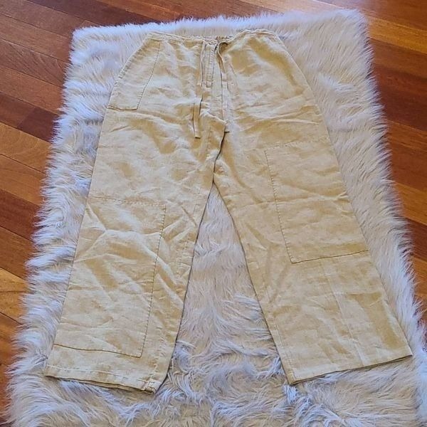 J.Jill womens 100% linen wide leg tan pants with patches size 12