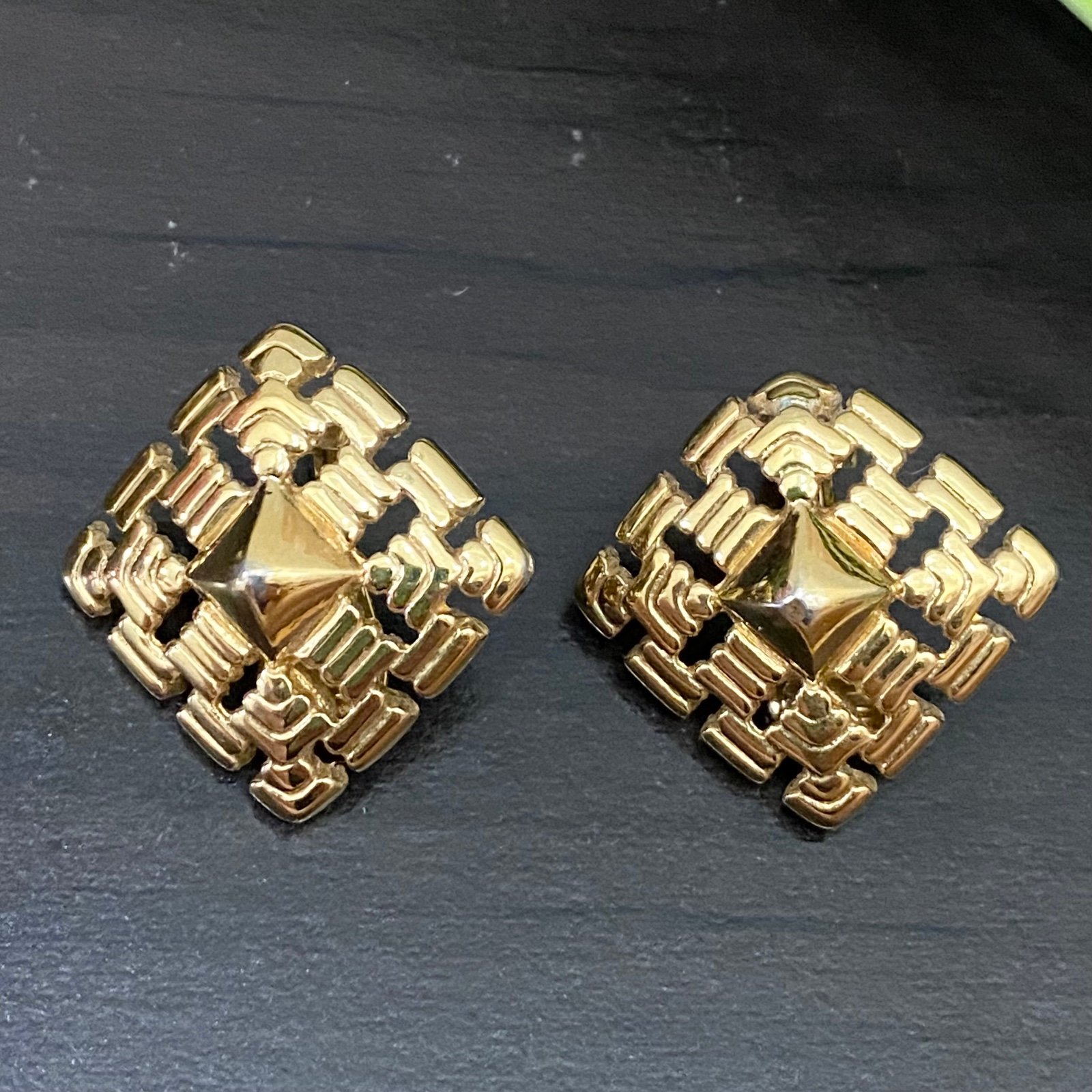 Vintage 70’s MONET Gold-tone Geometric Square Weave Clip Earrings