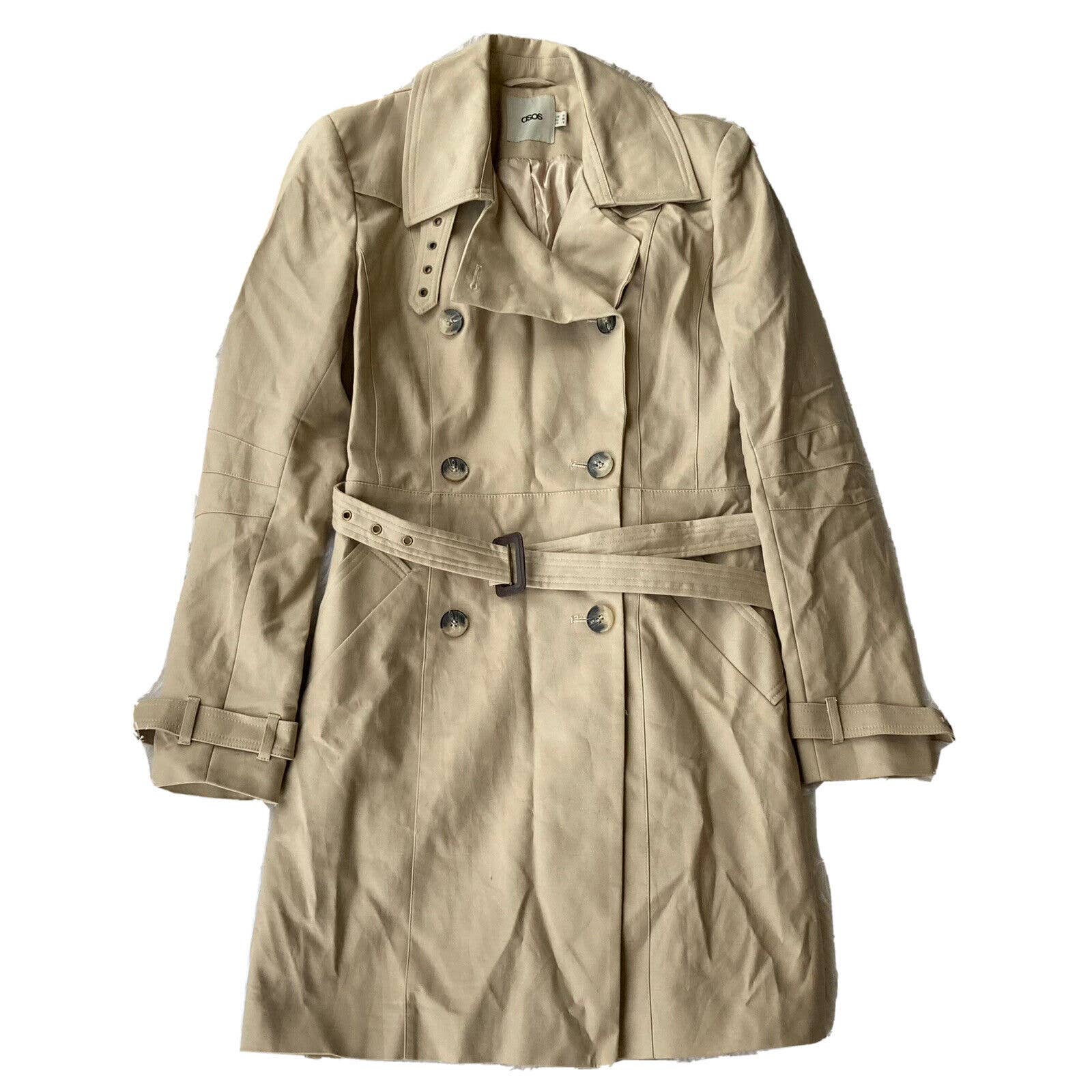 Asos Double Breasted Trench Jacket Coat Womens Sz 6 Tan Outwear Collar Tie Belt