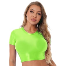 crop women's round neck crop top oil glossy slim fit t-shirt short sleeve
