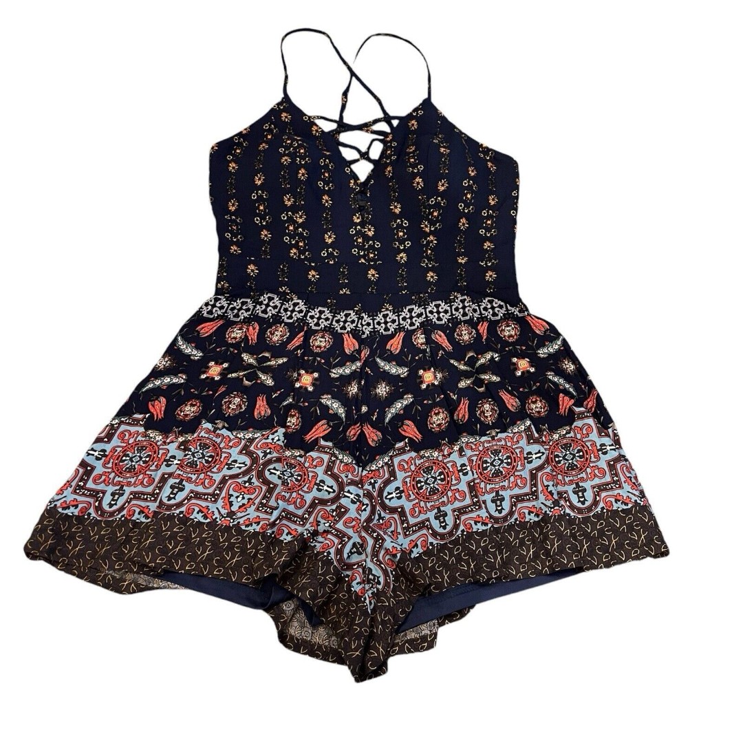 Love Culture Blue Floral Print Boho Whimsical Fairy V Neck Romper Size Medium
