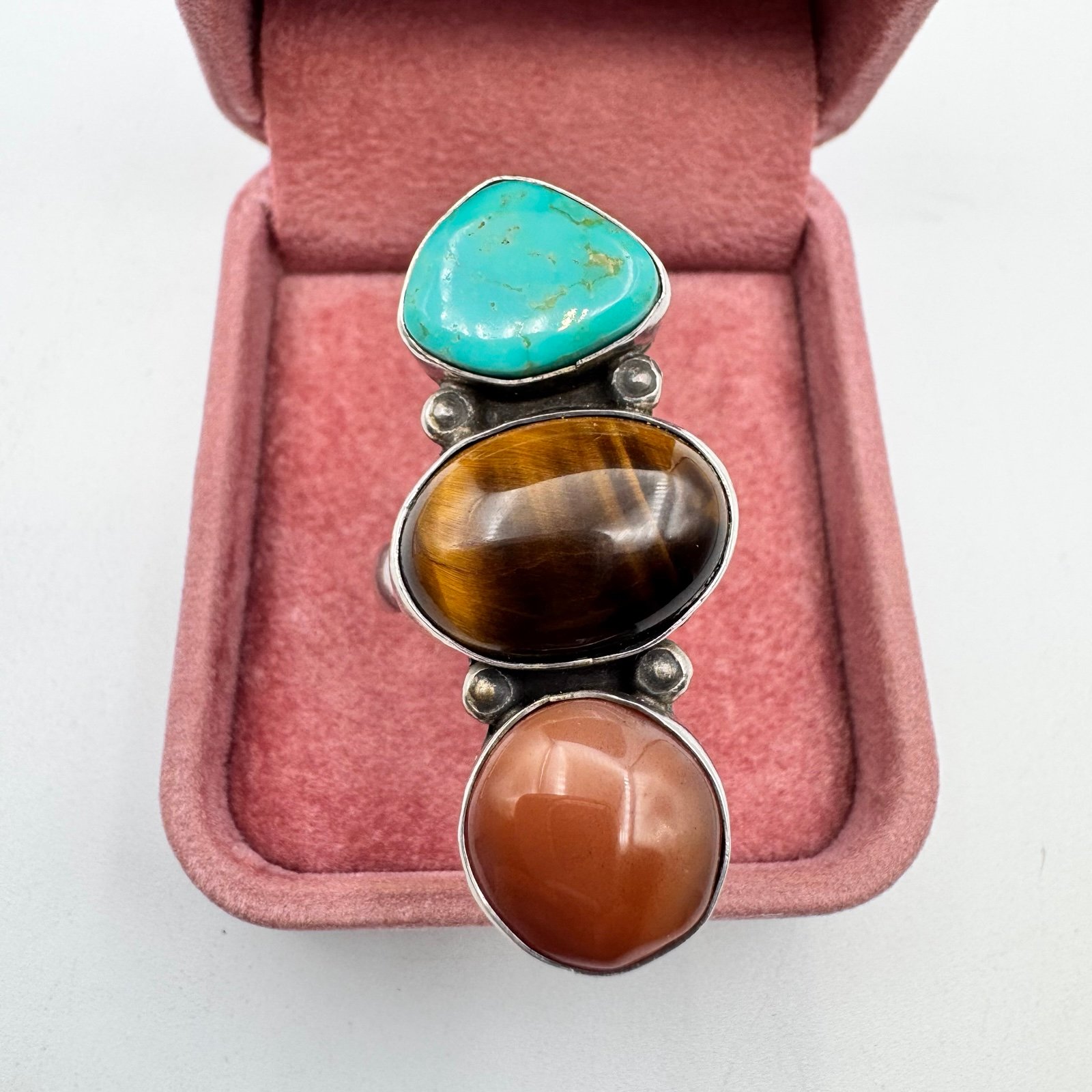 Vintage Sterling Silver Turquoise Tiger Eye Carnelian Cabochon Stone Ring
