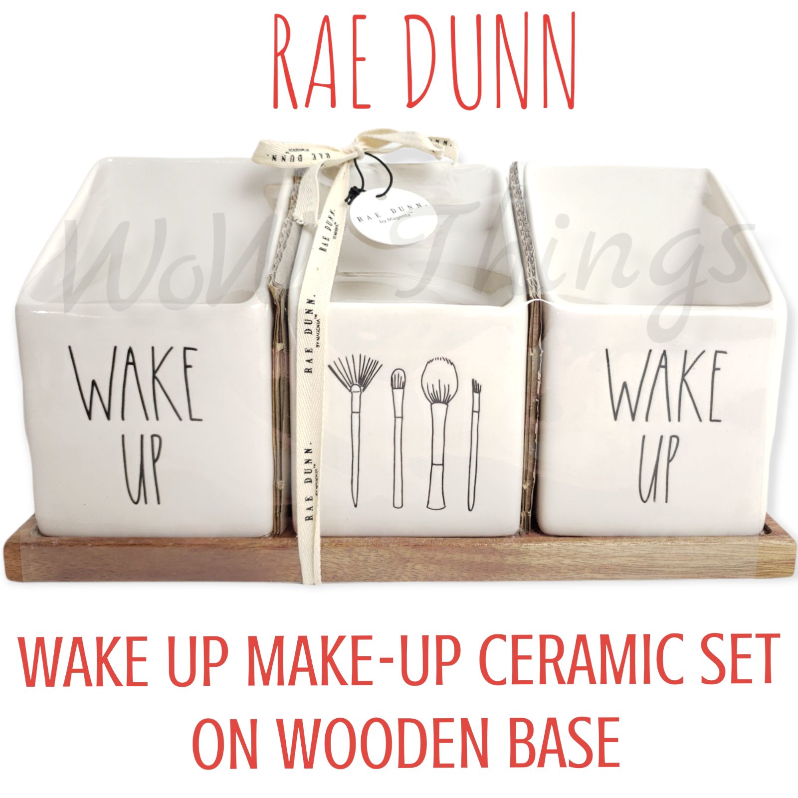 Rae Dunn WAKE UP Make Up 3 pcs. Ceramic Set on Wooden Base