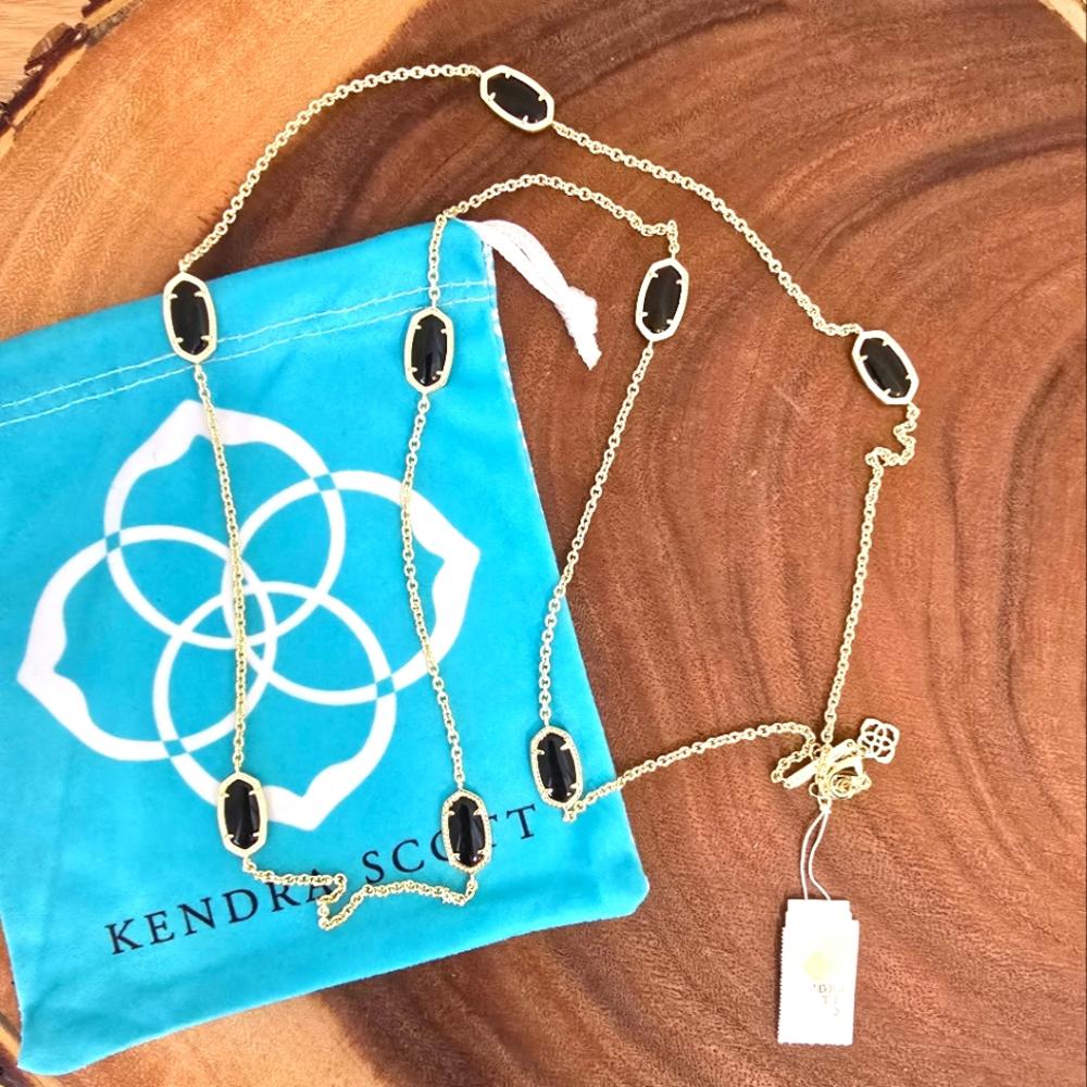 Kendra Scott Kelsie Kellie Station Necklace Black Quartz Gold