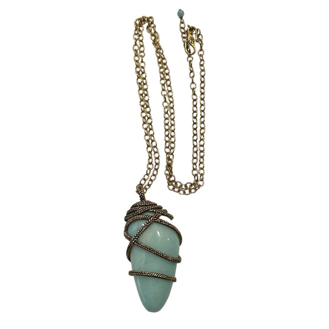 Vintage Bronze Necklace Large Blue Quartz on Bronze Wrap Chain Link Pendant