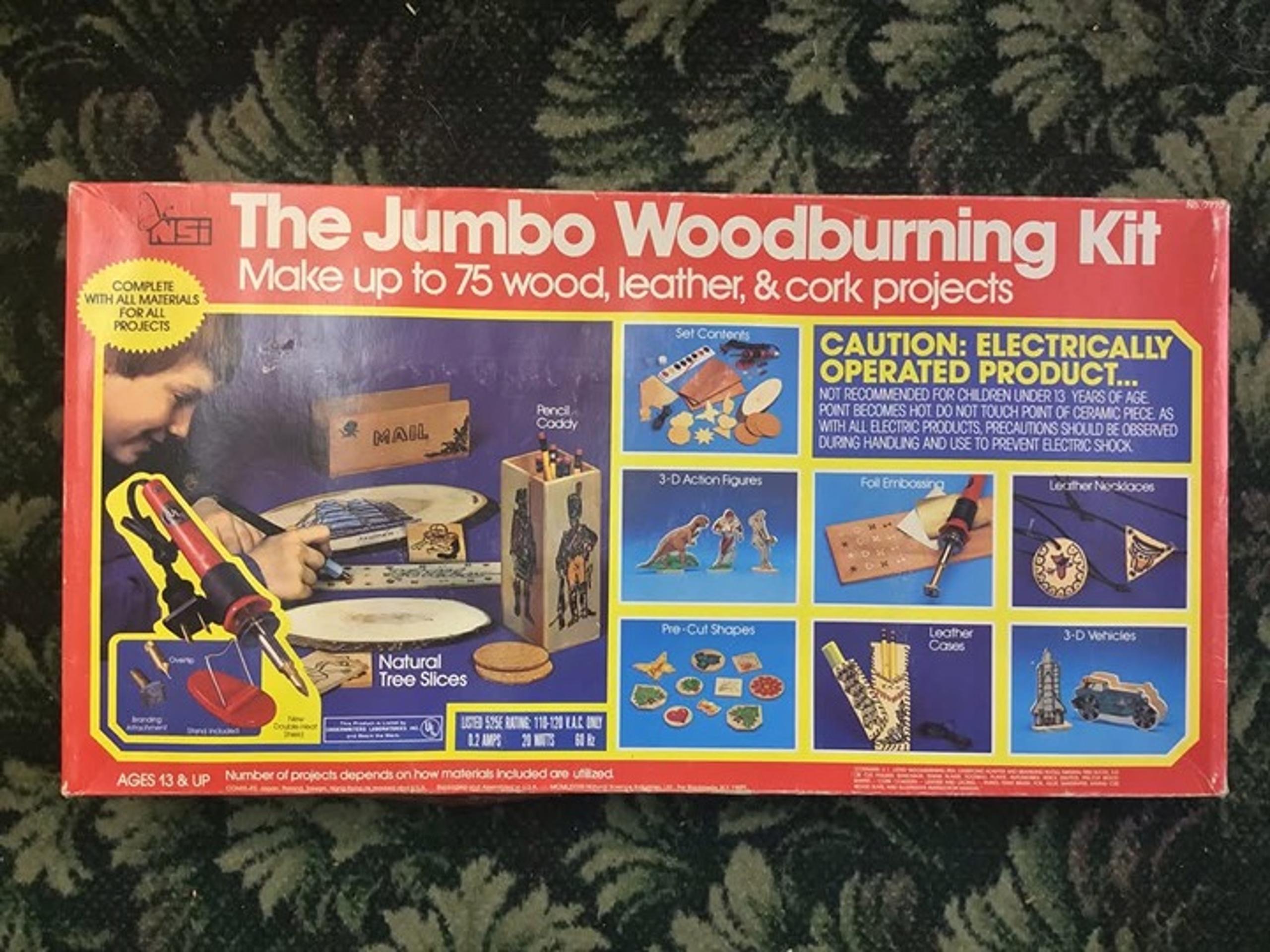 Vintage 1981 Jumbo Woodburning Kit Wood Leather Cork