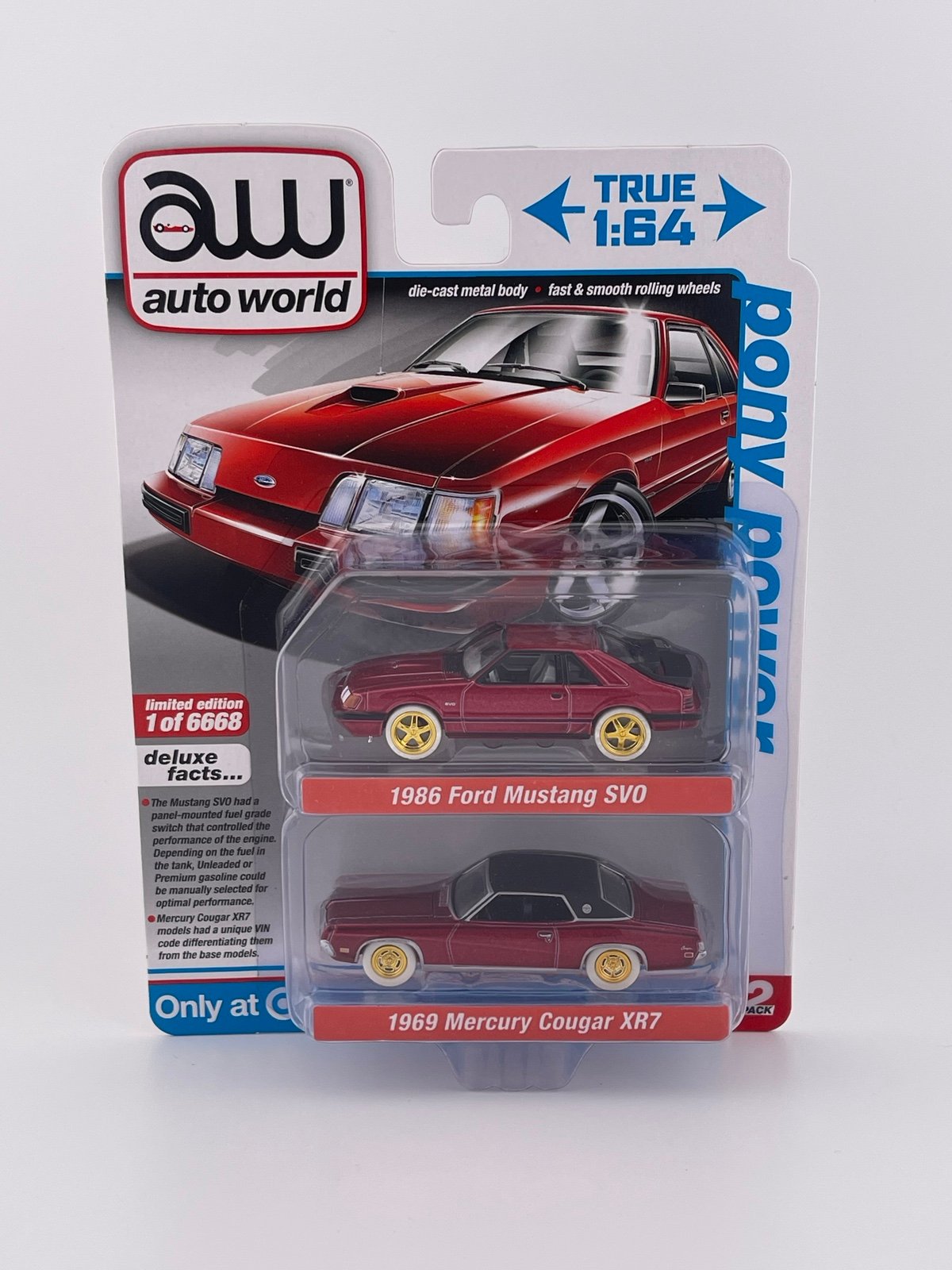 Auto World Ultra Red CHASE Target 2 pack 1986 Mustang SVO Mercury Cougar
