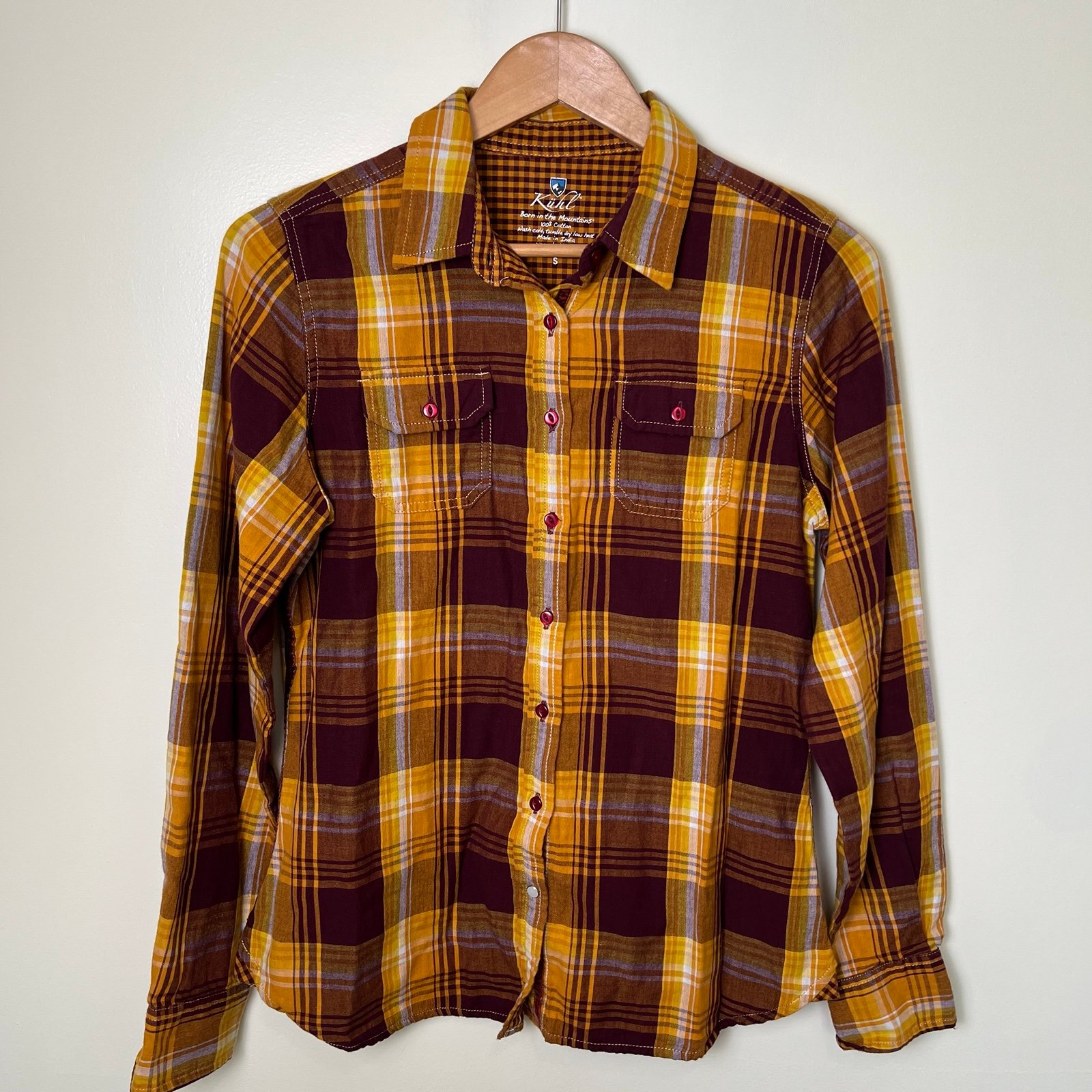 Kuhl Button Up Shirt Women’s S Yellow/Brown Plaid Flannel Spread Collared Cotton