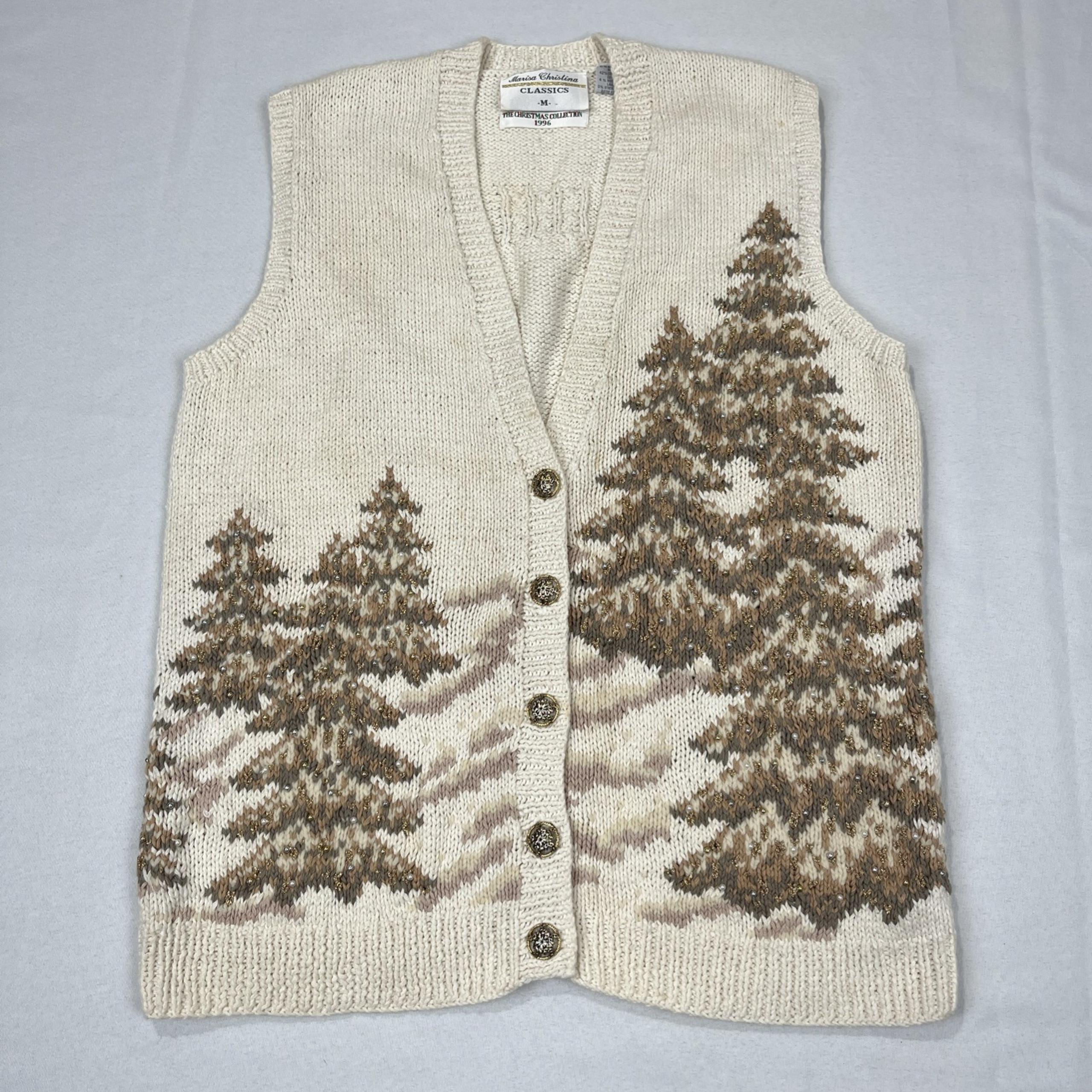 VTG Marisa Christina Christmas Tree Cardigan Sweater Gold Pearls 1996 PL Medium