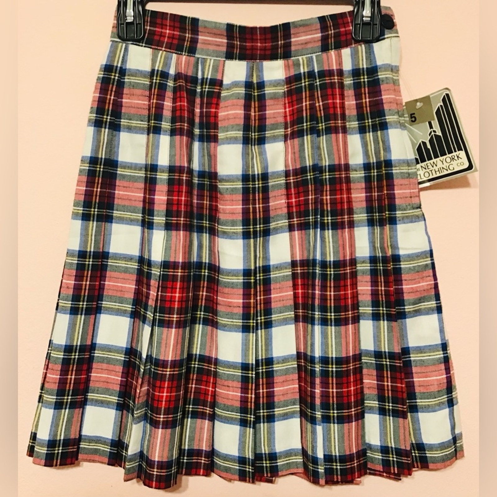NWT The New York Clothing Co red blue white plaid pleated skirt size 5