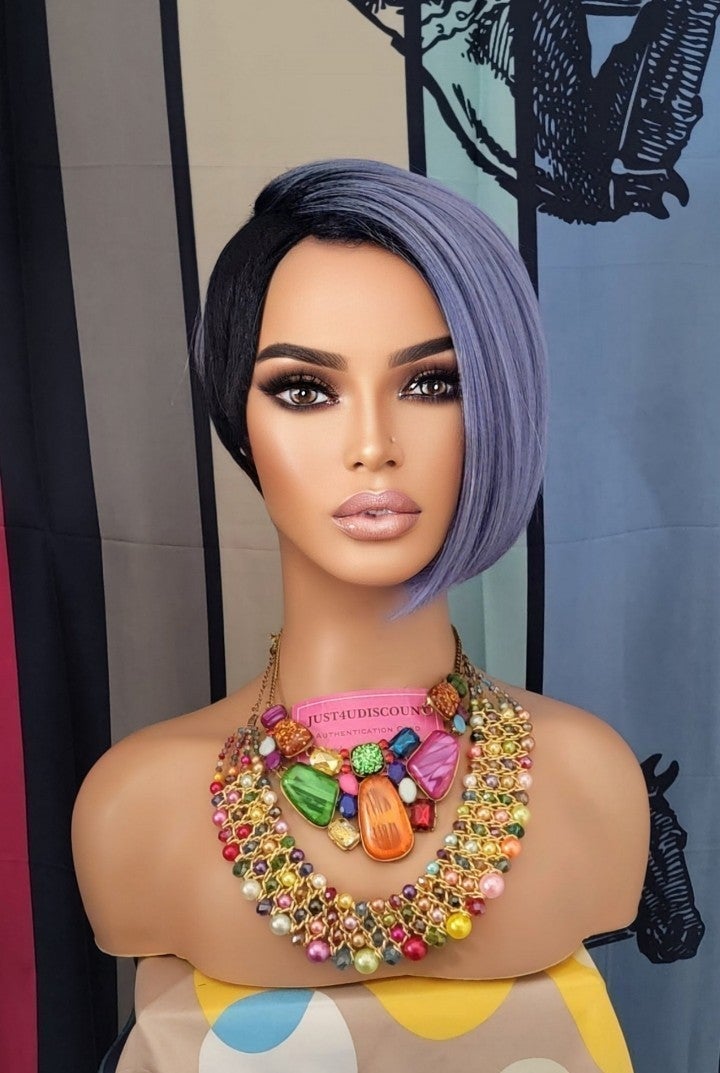 Celebrity Side swoop bang pixie steel blue dark root pixie wig
