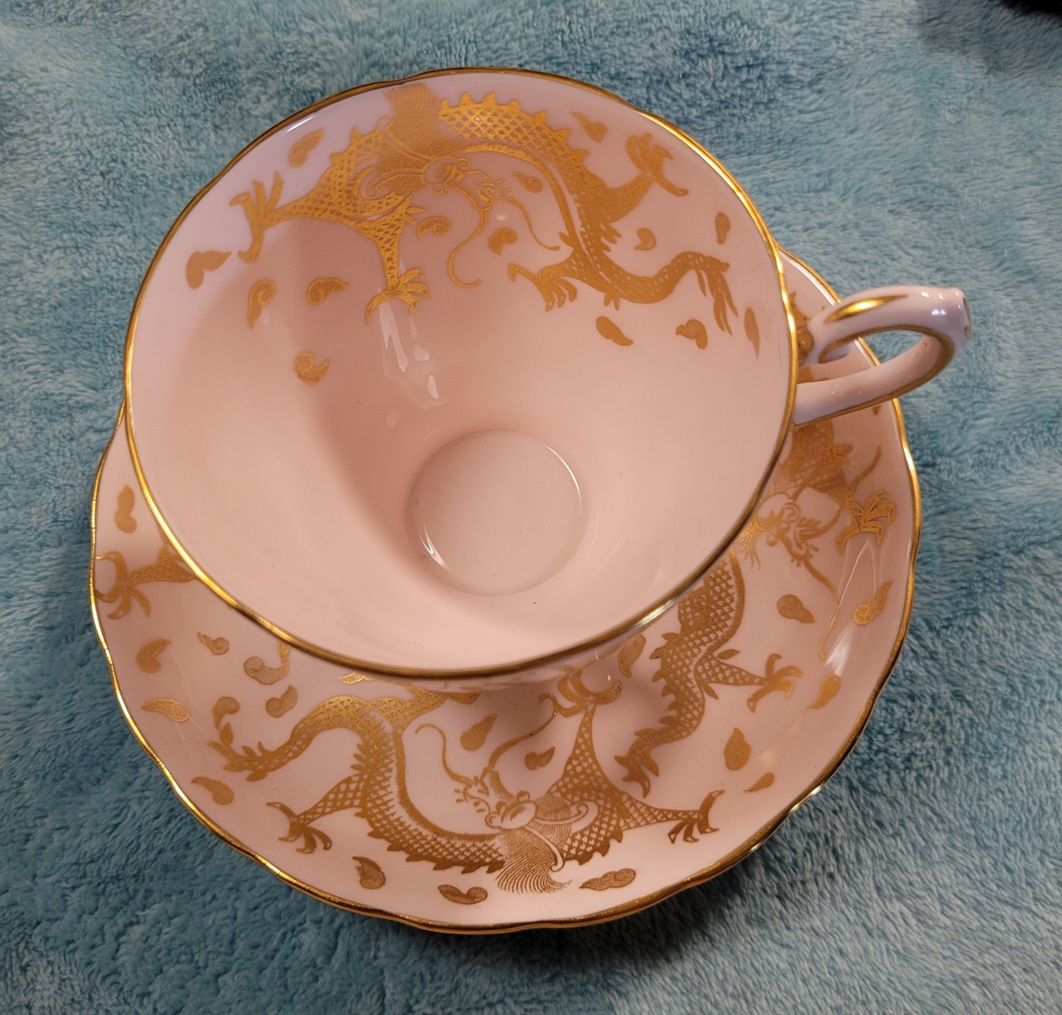 Teacup & saucer gold dragon on pink base oriental influence fine bone china RARE