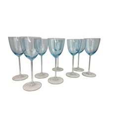Set of 8 Blue Tone Goblet Clear Stem Dinner Classic Wine Glasses VINTAGE